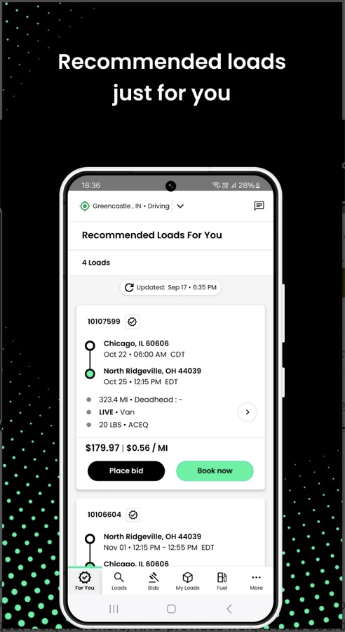 RXO Drive — recommended loads screen